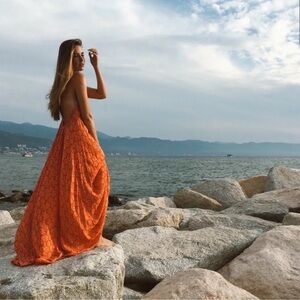 Free People Orange Maxi Dress with Lace Pattern